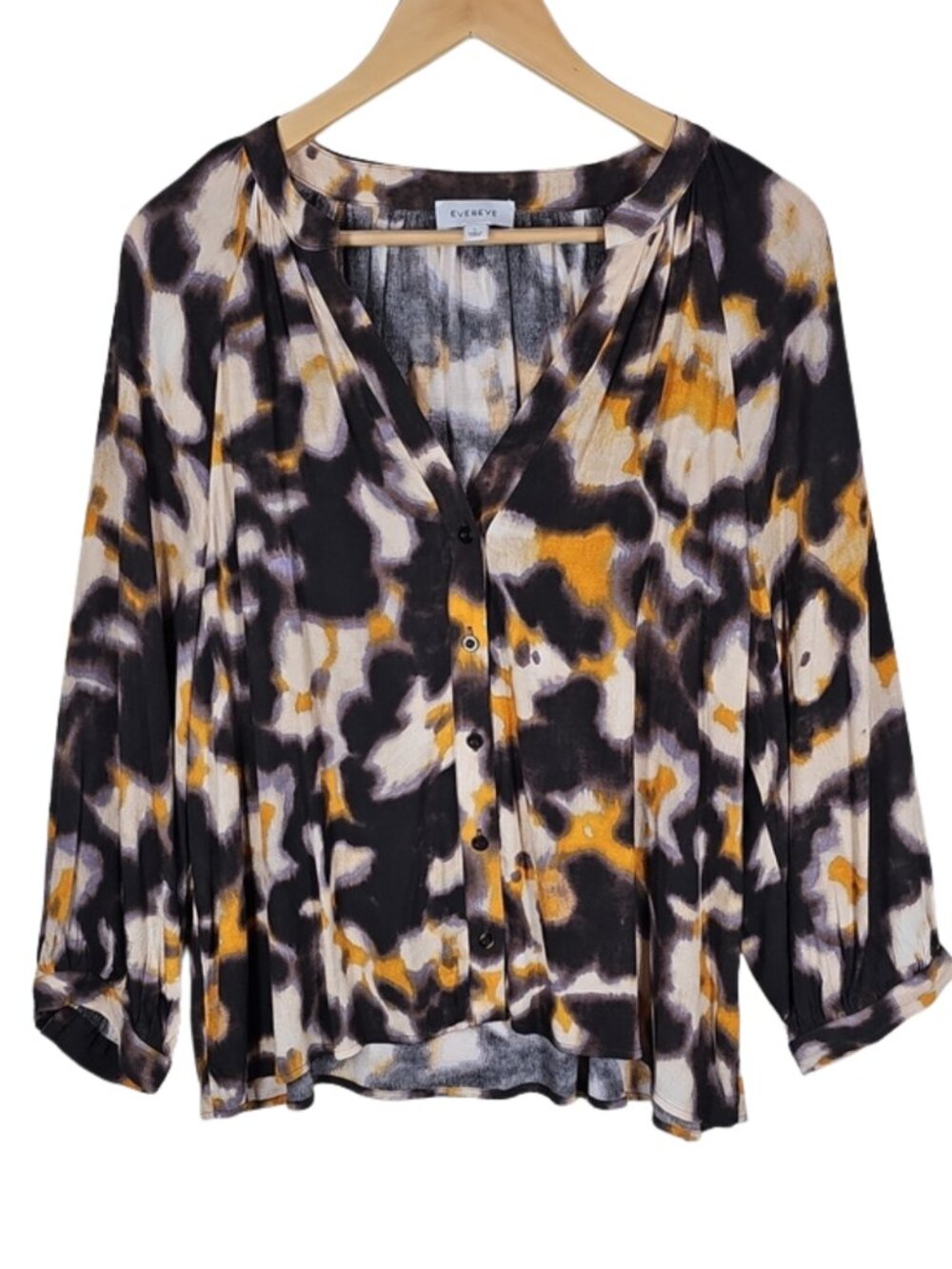 Evereve Black Gold Watercolor Print Button Up Blouse Sz L V-Neck Office Chic